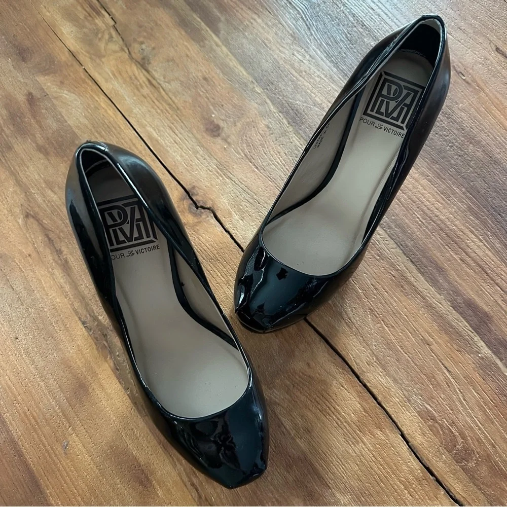 Pour La Victoire Irina Black Patent Leather Platform Pumps Stiletto Heels 6.5